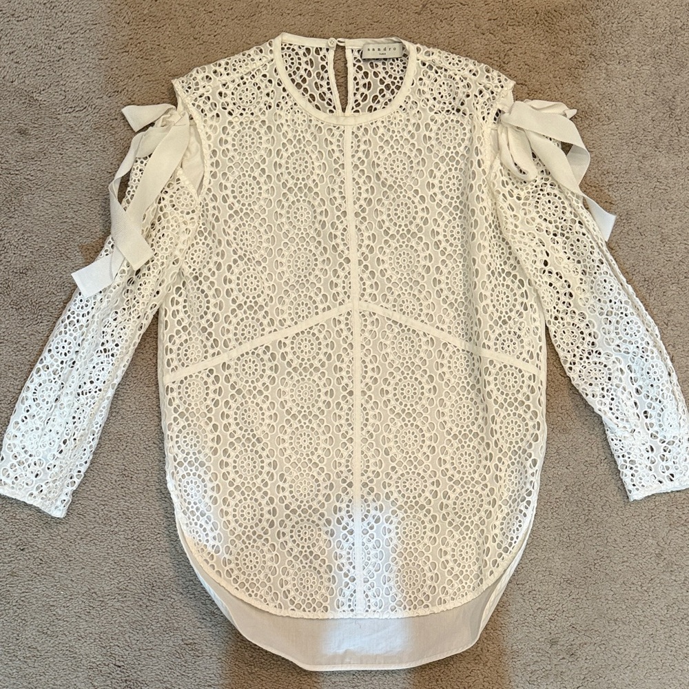 Sandro White Lace Blouse with Ribbon Accents